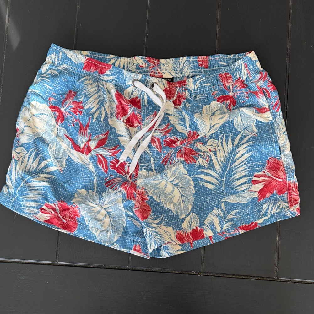 Tropical Floral Men's Swim Trunks - Blue and Red